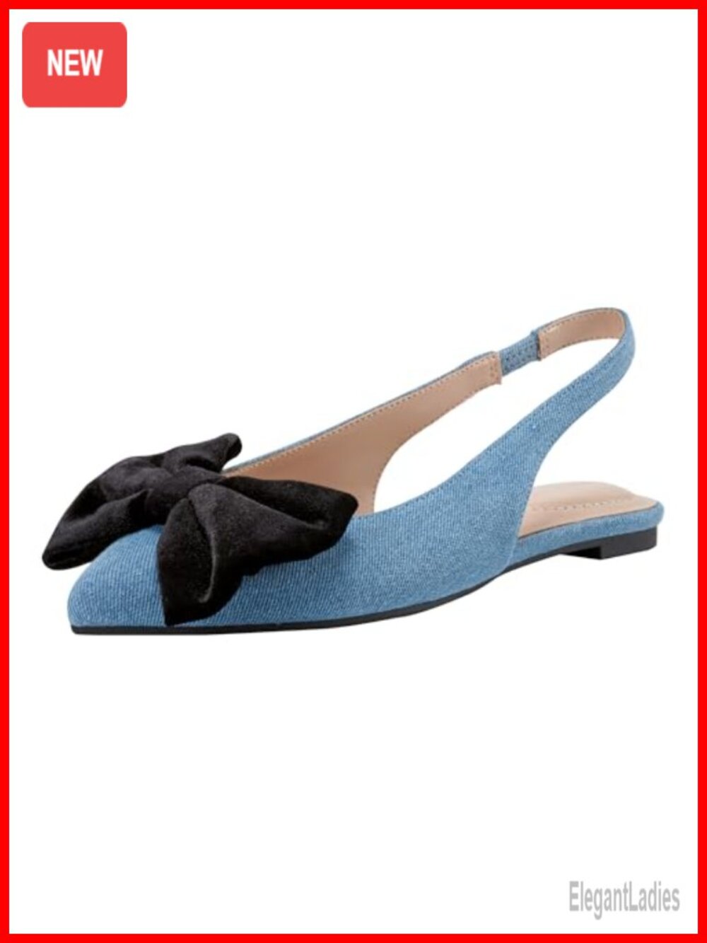 Pointy Toe Slingback Denim Flat Dress Sandals with Bow Detail
